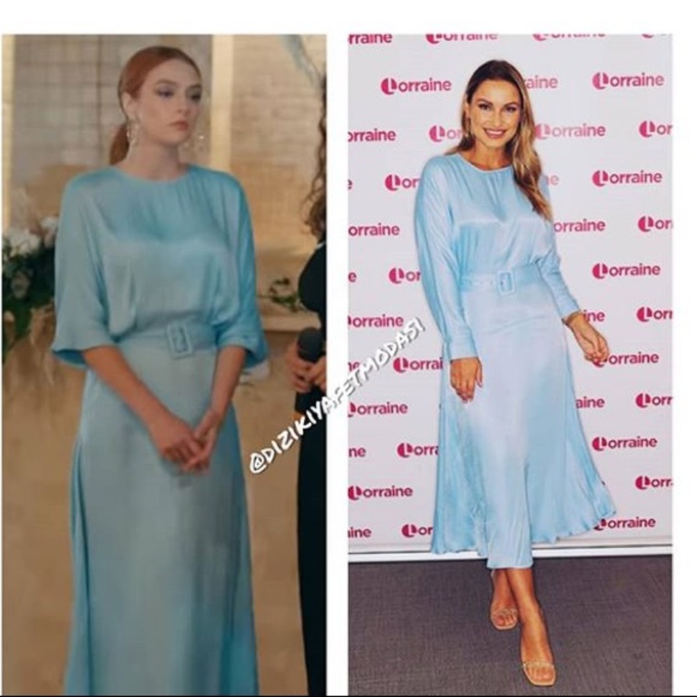 ZARA Baby Blue Belted Satin Effect Midi Dress - Picture 7 of 14